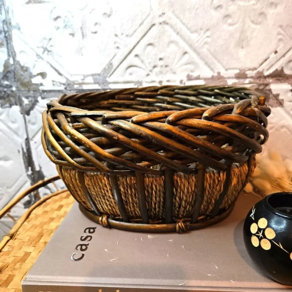 Vintage Oval Hand Woven Basket Natural Bamboo & Rope Storage Basket Rustic